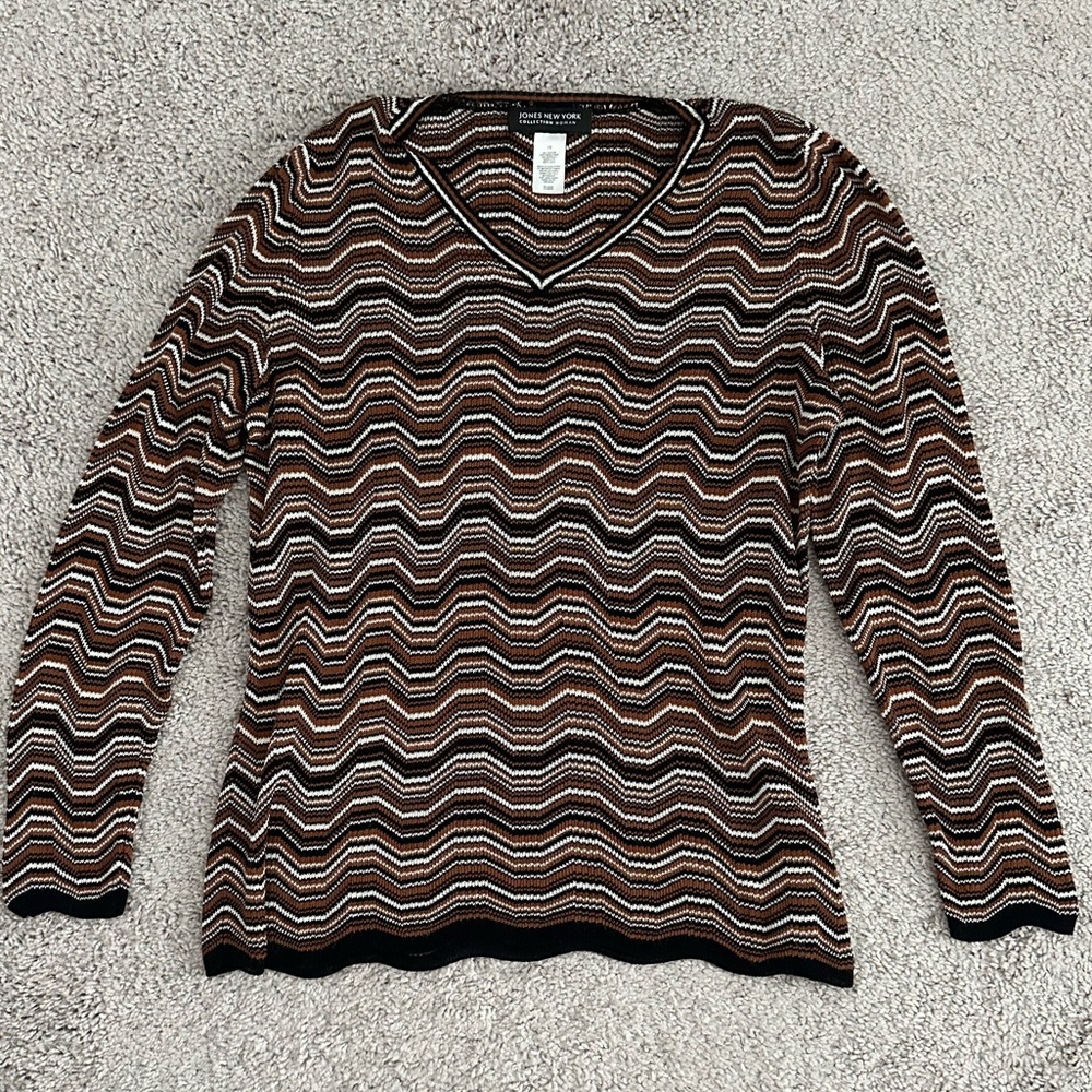 Jones New York Collection V-Neck Sweater - Brown and Black Zigzag